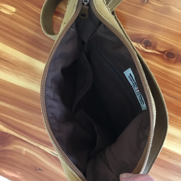 Minnetonka Camel Suede Fringe Mid-Size Crossbody Bag with Bronze Medallions - Picture 12 of 15